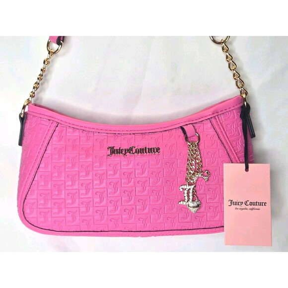 NWT Juicy Couture Pink Embossed Logo Crescent Shoulder Bag Gold Chain Charm - Picture 1 of 9